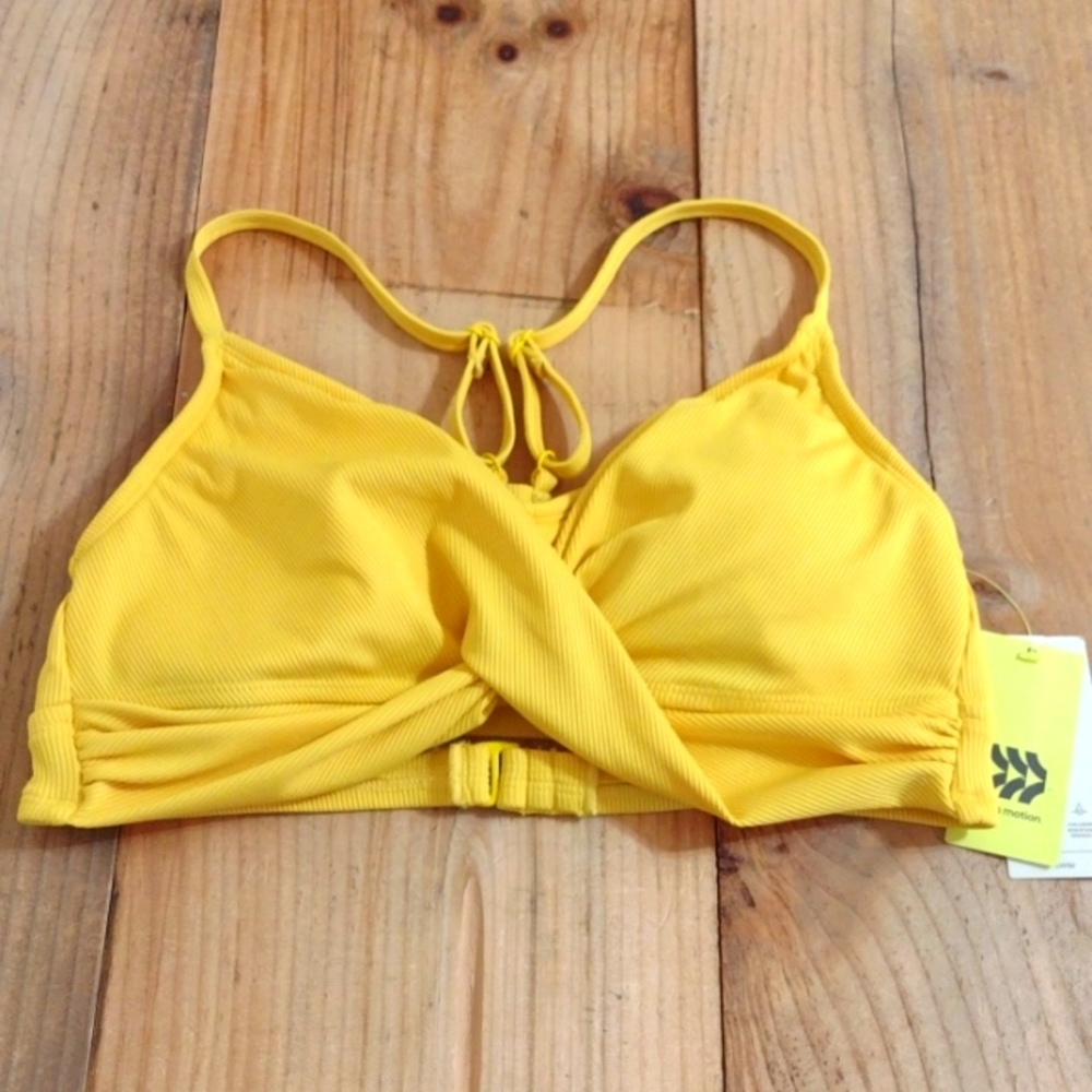 All in Motion Yellow Ribbed Knit Twist Front Swim Top Size L 12-14 NWT